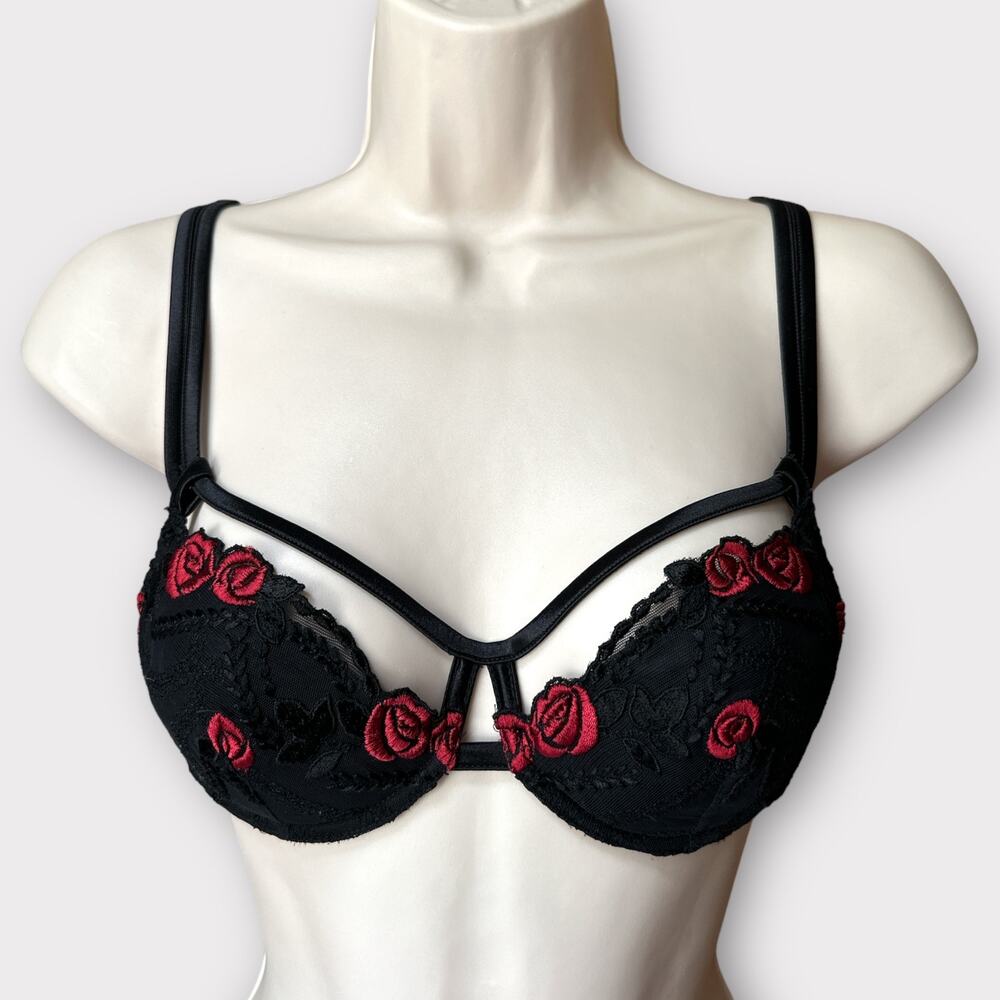 Vintage Parah Intimo Embroidered Cage Bra, Size 34B, Black
